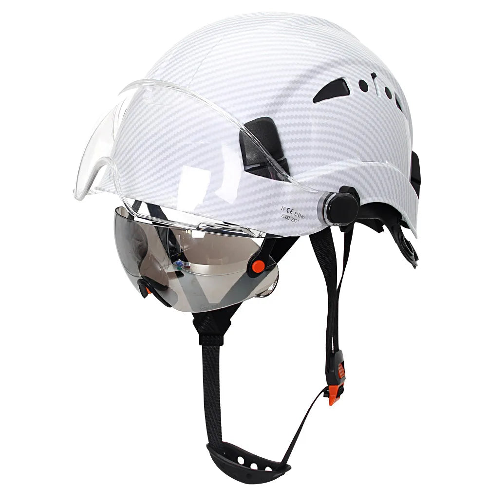 Carbon Fiber Pattern Safety Helmet with Double Visor Goggle for Engineer Hard Hat CE ANSI ABS Industrial Work Cap Rescue