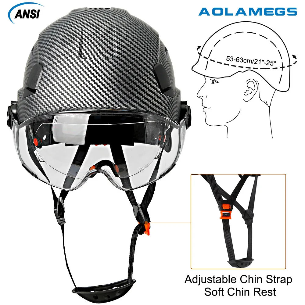 Carbon Fiber Pattern Safety Helmet with Double Visor Goggle for Engineer Hard Hat CE ANSI ABS Industrial Work Cap Rescue