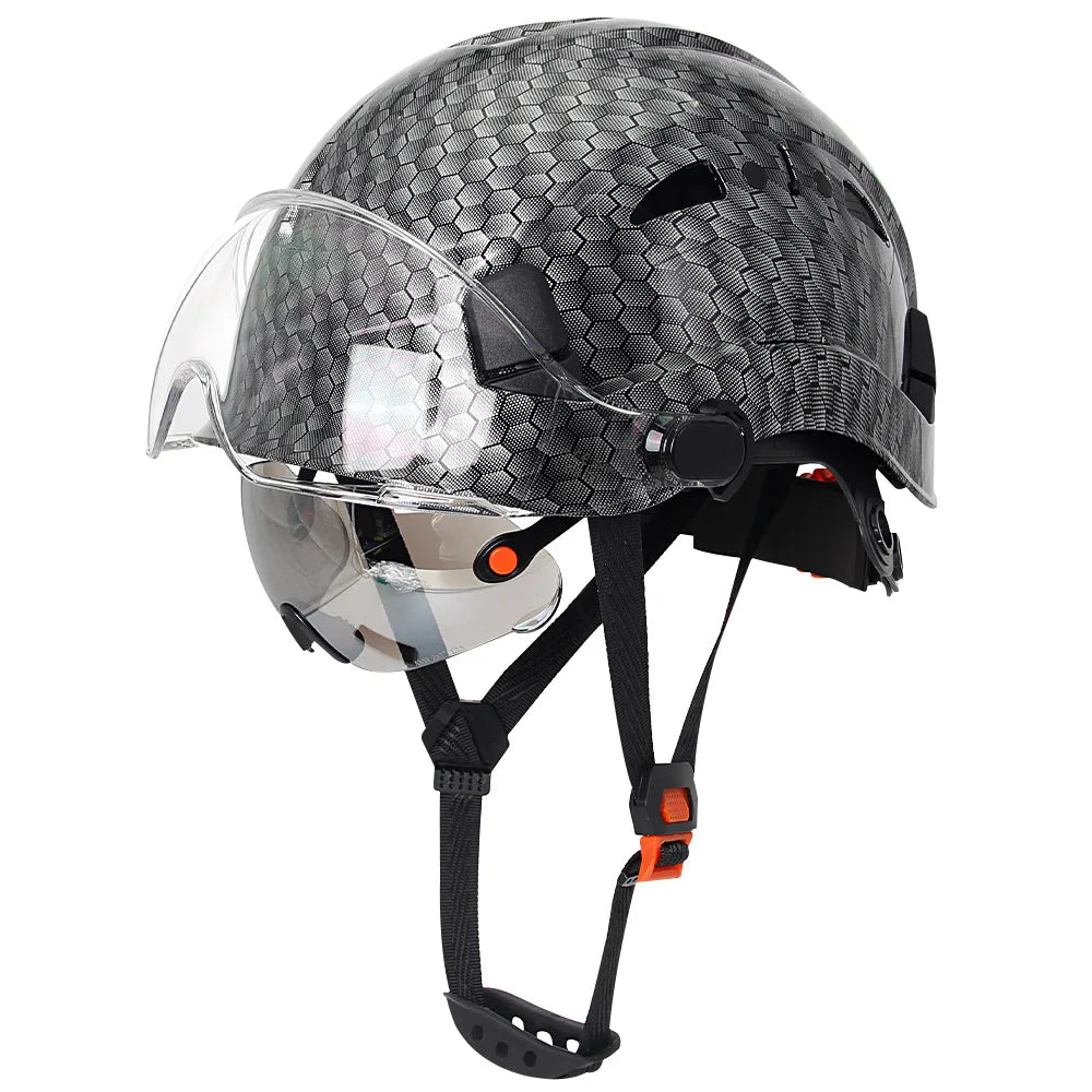 Carbon Fiber Pattern Safety Helmet with Double Visor Goggle for Engineer Hard Hat CE ANSI ABS Industrial Work Cap Rescue