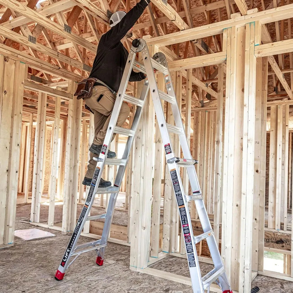 18 Foot Reach Adjustable 5 in 1 Multi Position Lightweight Aluminum Hinge Step Ladder with Armored J Locks and 375 Pound Capacit