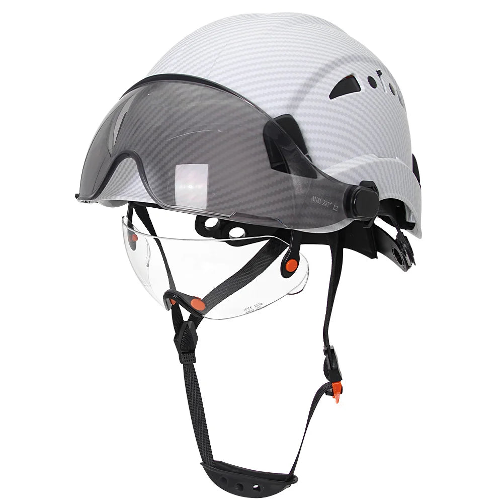 Carbon Fiber Pattern Safety Helmet with Double Visor Goggle for Engineer Hard Hat CE ANSI ABS Industrial Work Cap Rescue