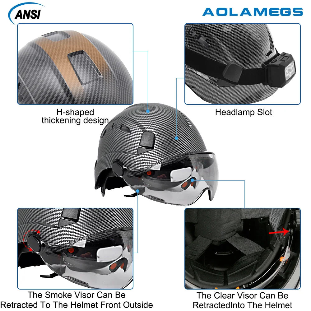 Carbon Fiber Pattern Safety Helmet with Double Visor Goggle for Engineer Hard Hat CE ANSI ABS Industrial Work Cap Rescue