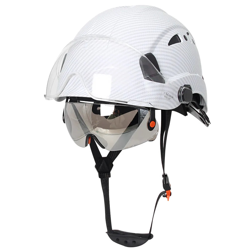 Carbon Fiber Pattern Safety Helmet with Double Visor Goggle for Engineer Hard Hat CE ANSI ABS Industrial Work Cap Rescue