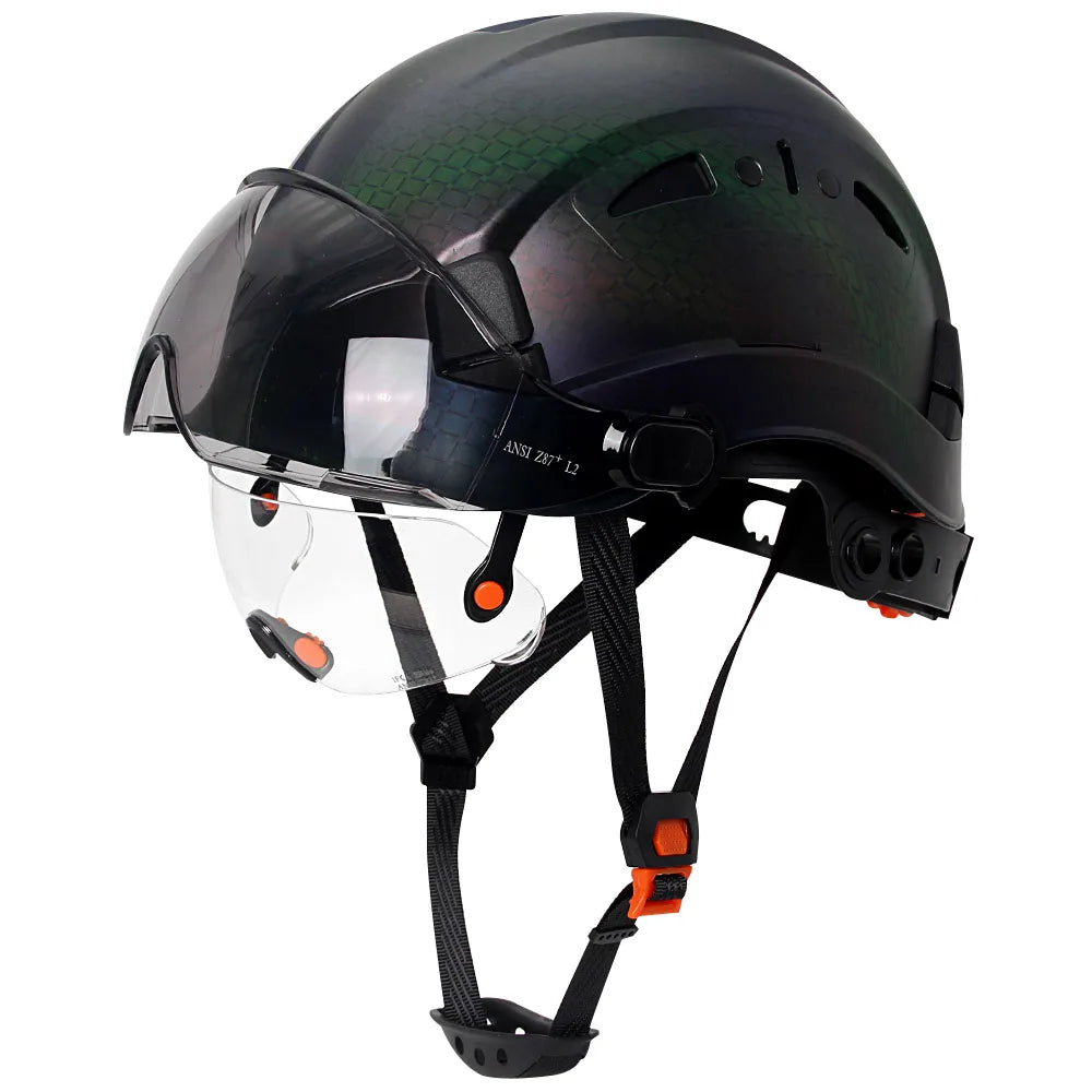 Carbon Fiber Pattern Safety Helmet with Double Visor Goggle for Engineer Hard Hat CE ANSI ABS Industrial Work Cap Rescue