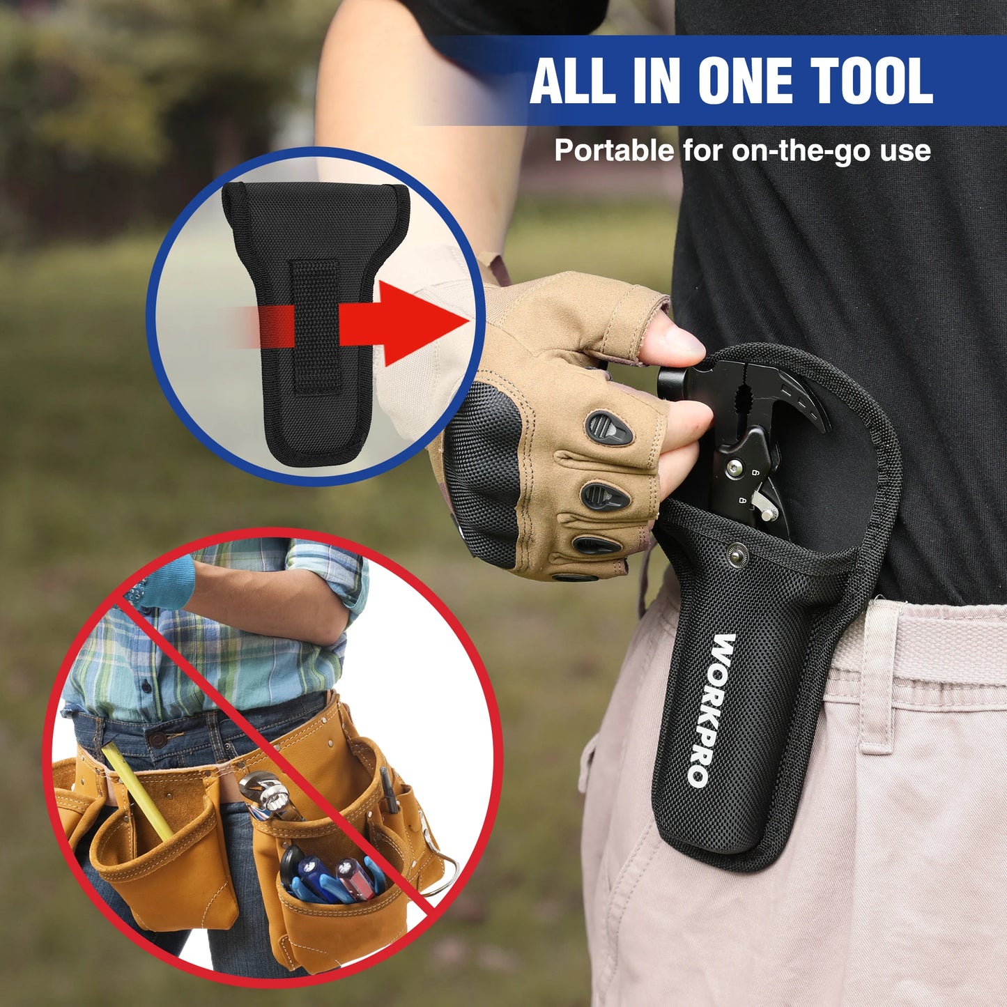 WORKPRO 12 in 1 Hammer Multitool Portable Stainless Steel Multitool Claw Hammer With Sheath for Outdoor Survival Camping Hunting