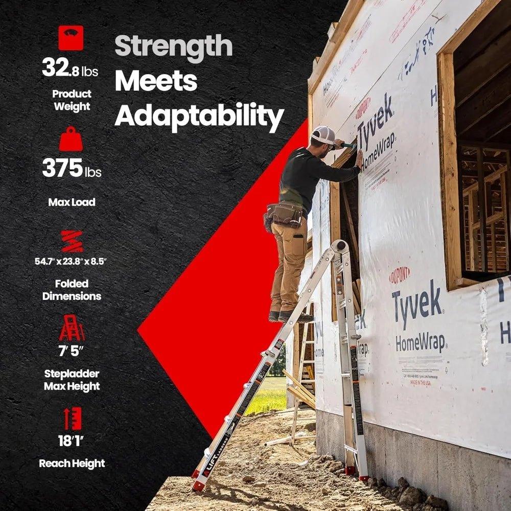 18 Foot Reach Adjustable 5 in 1 Multi Position Lightweight Aluminum Hinge Step Ladder with Armored J Locks and 375 Pound Capacit