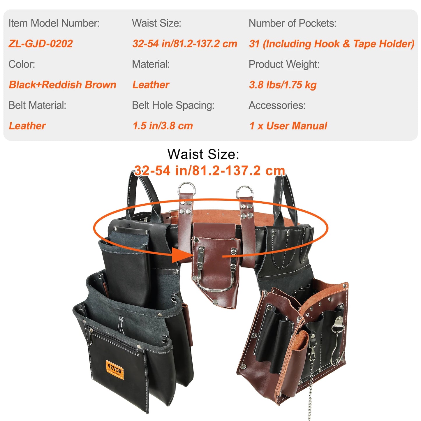 VEVOR 31 Pockets Tool Belt Pounch Adjusts 32 In to 54 In Leather Detachable Tool Storge Bag for Electrician Carpenter Handyman
