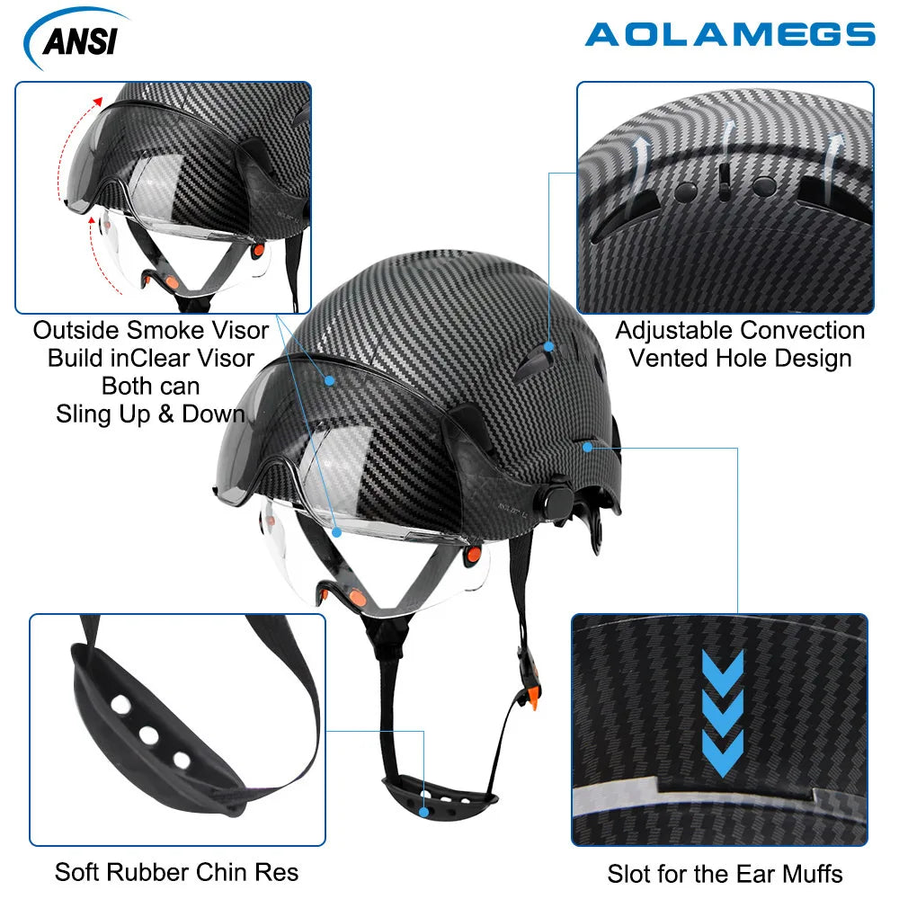 Carbon Fiber Pattern Safety Helmet with Double Visor Goggle for Engineer Hard Hat CE ANSI ABS Industrial Work Cap Rescue