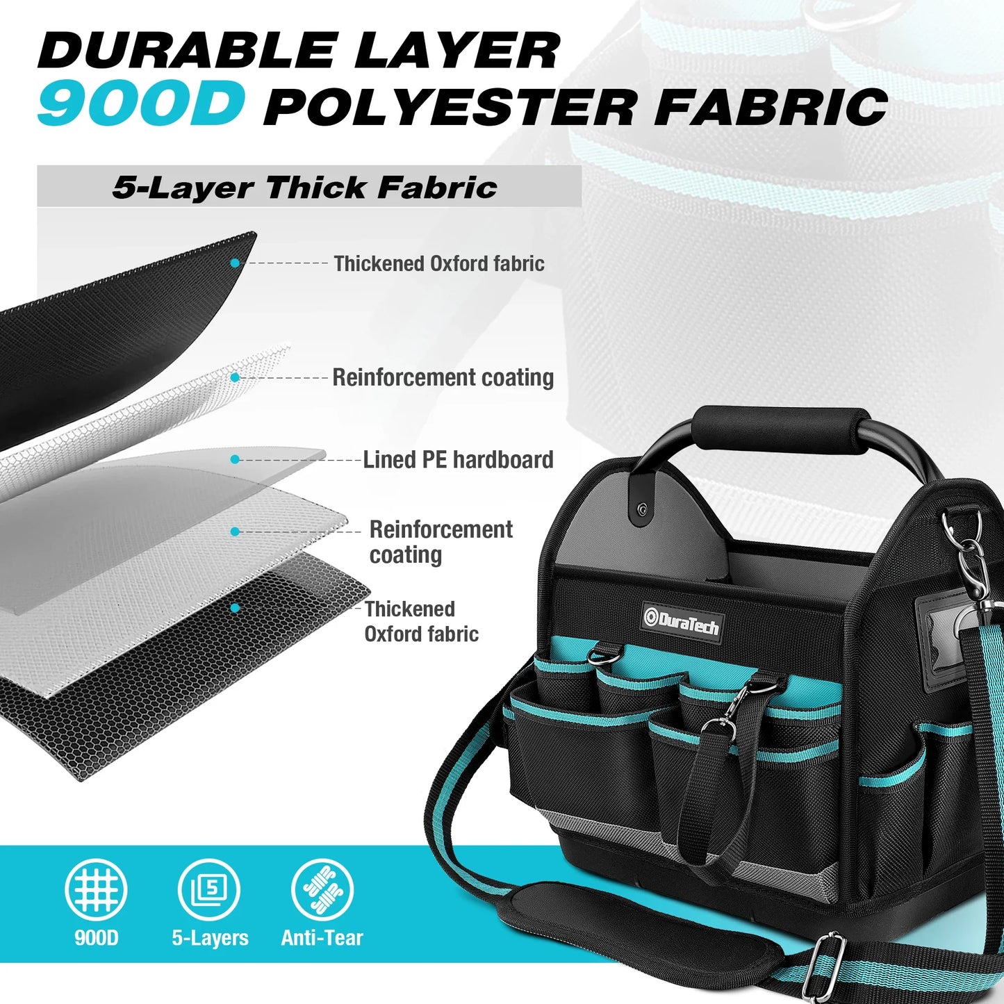 DuraTech 12 Inch inch Foldable Tool Bag Handbag Shoulder Bag Tool Organizer Storage Bag Large BigMouth Bag