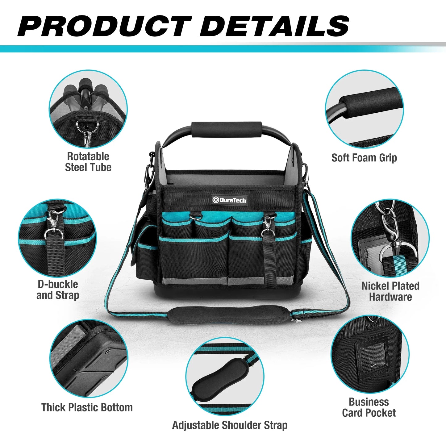 DuraTech 12 Inch inch Foldable Tool Bag Handbag Shoulder Bag Tool Organizer Storage Bag Large BigMouth Bag