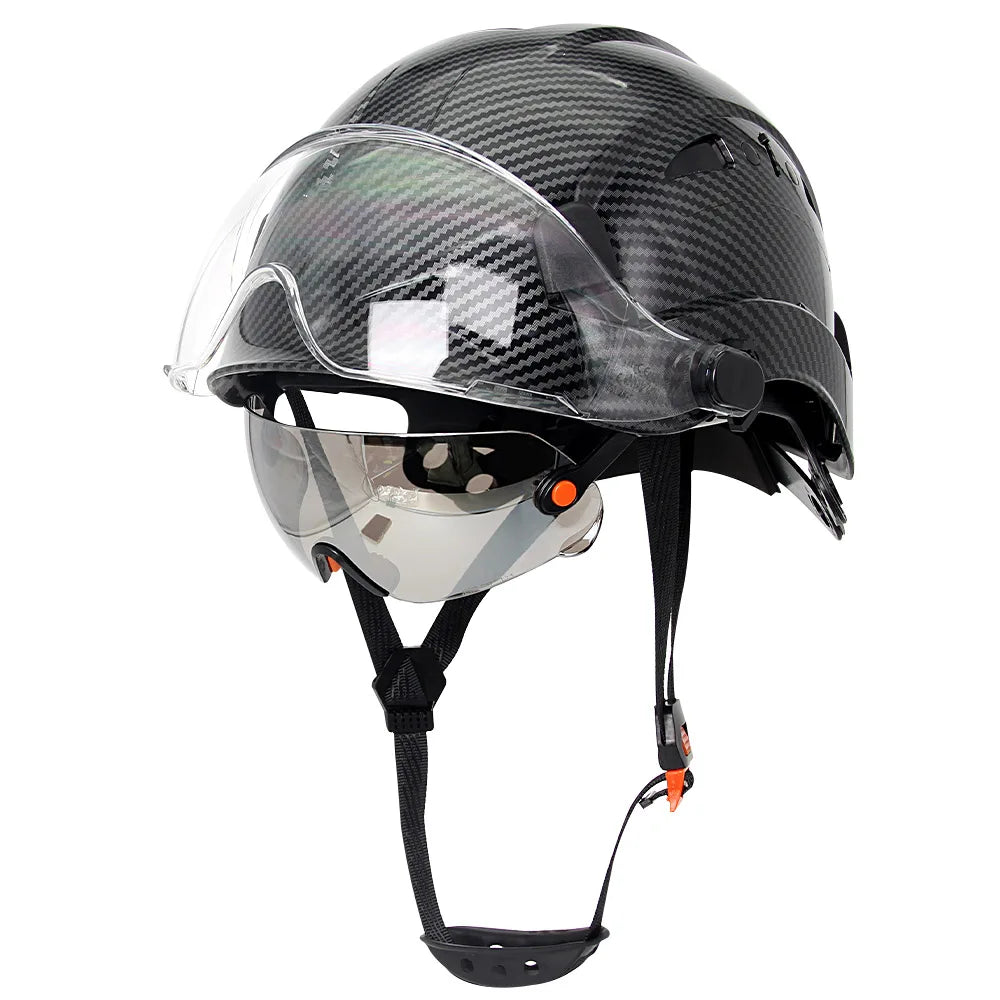 Carbon Fiber Pattern Safety Helmet with Double Visor Goggle for Engineer Hard Hat CE ANSI ABS Industrial Work Cap Rescue