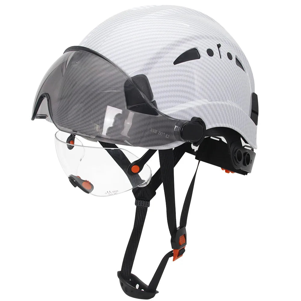Carbon Fiber Pattern Safety Helmet with Double Visor Goggle for Engineer Hard Hat CE ANSI ABS Industrial Work Cap Rescue