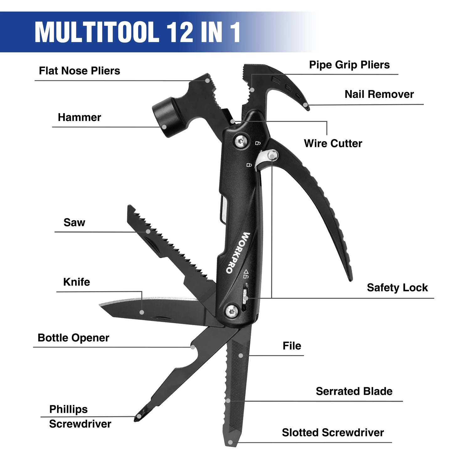 WORKPRO 12 in 1 Hammer Multitool Portable Stainless Steel Multitool Claw Hammer With Sheath for Outdoor Survival Camping Hunting