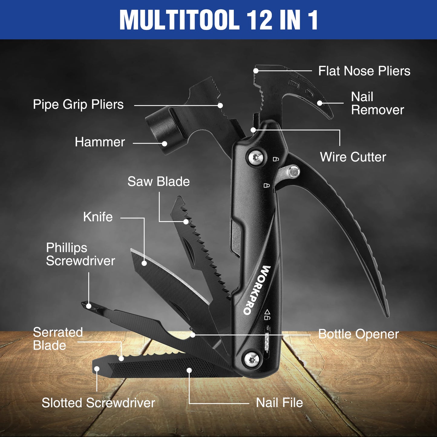 WORKPRO 12 in 1 Hammer Multitool Portable Stainless Steel Multitool Claw Hammer With Sheath for Outdoor Survival Camping Hunting