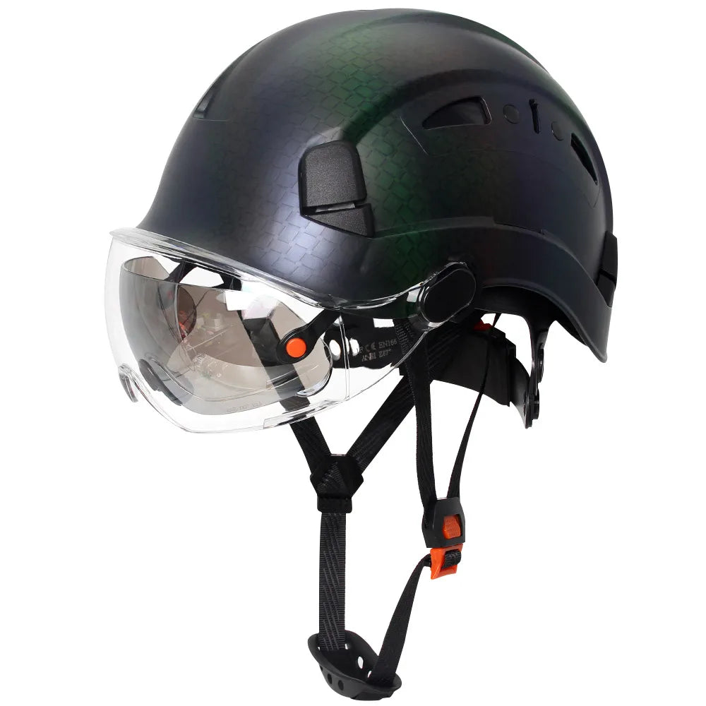 Carbon Fiber Pattern Safety Helmet with Double Visor Goggle for Engineer Hard Hat CE ANSI ABS Industrial Work Cap Rescue