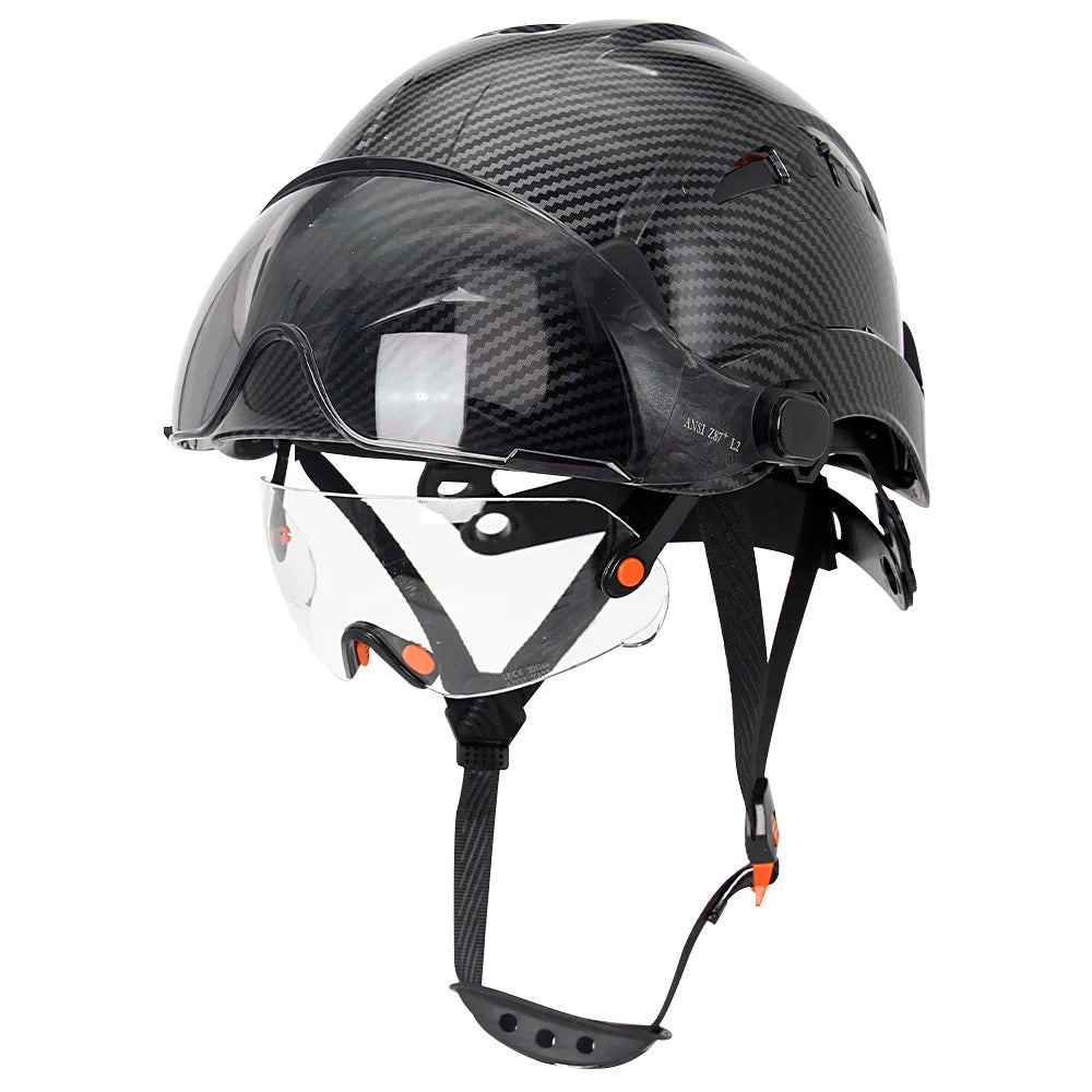 Carbon Fiber Pattern Safety Helmet with Double Visor Goggle for Engineer Hard Hat CE ANSI ABS Industrial Work Cap Rescue