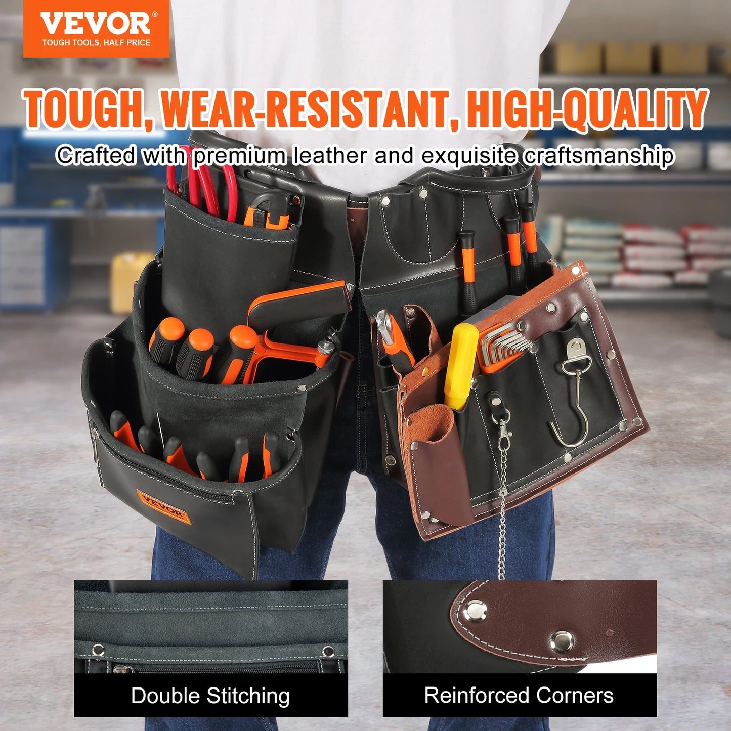 VEVOR 31 Pockets Tool Belt Pounch Adjusts 32 In to 54 In Leather Detachable Tool Storge Bag for Electrician Carpenter Handyman