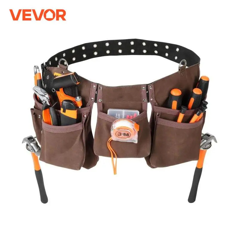 VEVOR 13 Pockets Tool Belt Waist Pouch with Dual Hammer Loops Tool Storge Bag for Wrenchs Screw Electrician Carpenter Repair