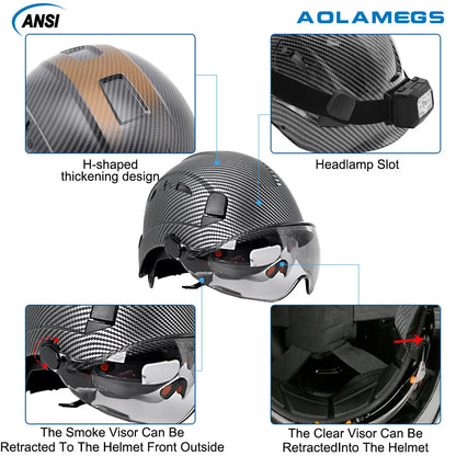 Carbon Fiber Pattern Safety Helmet with Double Visor Goggle for Engineer Hard Hat CE ANSI ABS Industrial Work Cap Rescue