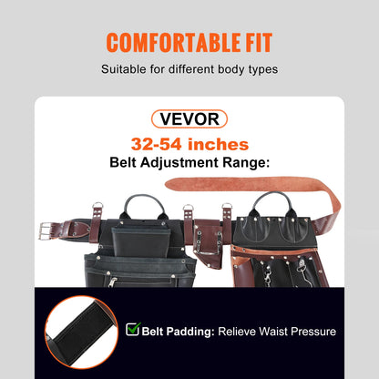 VEVOR 31 Pockets Tool Belt Pounch Adjusts 32 In to 54 In Leather Detachable Tool Storge Bag for Electrician Carpenter Handyman