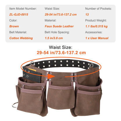 VEVOR 13 Pockets Tool Belt Waist Pouch with Dual Hammer Loops Tool Storge Bag for Wrenchs Screw Electrician Carpenter Repair