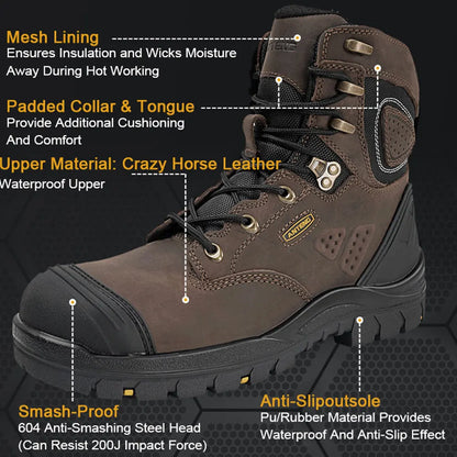 Genuine Leather ESD High Cut Dark Brown Safety Shoes Mens Non Slip Steel Toe Safety work boots for durable men