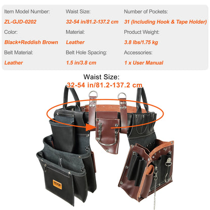 VEVOR 31 Pockets Tool Belt Pounch Adjusts 32 In to 54 In Leather Detachable Tool Storge Bag for Electrician Carpenter Handyman