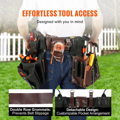 VEVOR 31 Pockets Tool Belt Pounch Adjusts 32 In to 54 In Leather Detachable Tool Storge Bag for Electrician Carpenter Handyman