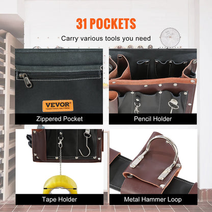 VEVOR 31 Pockets Tool Belt Pounch Adjusts 32 In to 54 In Leather Detachable Tool Storge Bag for Electrician Carpenter Handyman