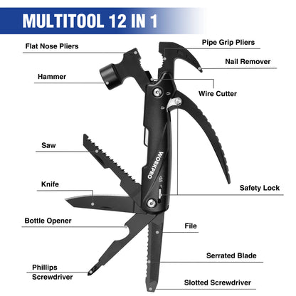 WORKPRO 12 in 1 Hammer Multitool Portable Stainless Steel Multitool Claw Hammer With Sheath for Outdoor Survival Camping Hunting